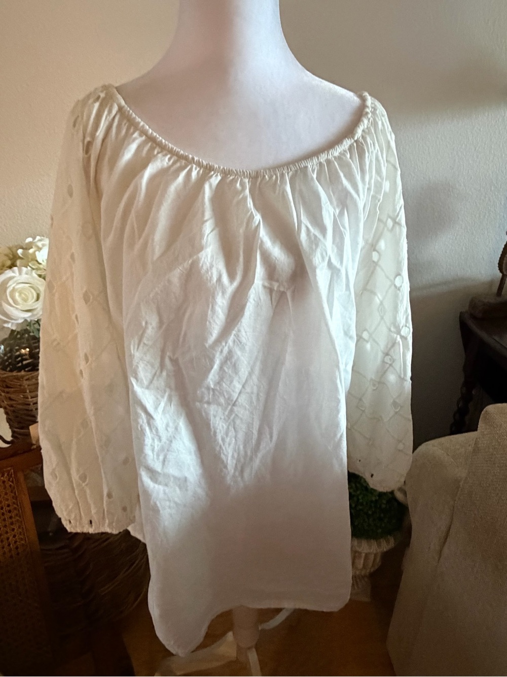 a new day Cream Off-Shoulder Embroidered Peasant Top